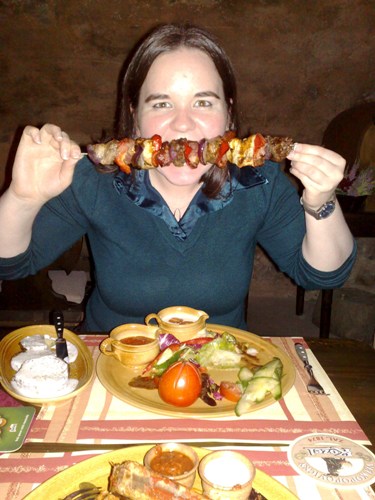 Low Res Giant meat skewer Katakomby restaurant Cesky Krumlov