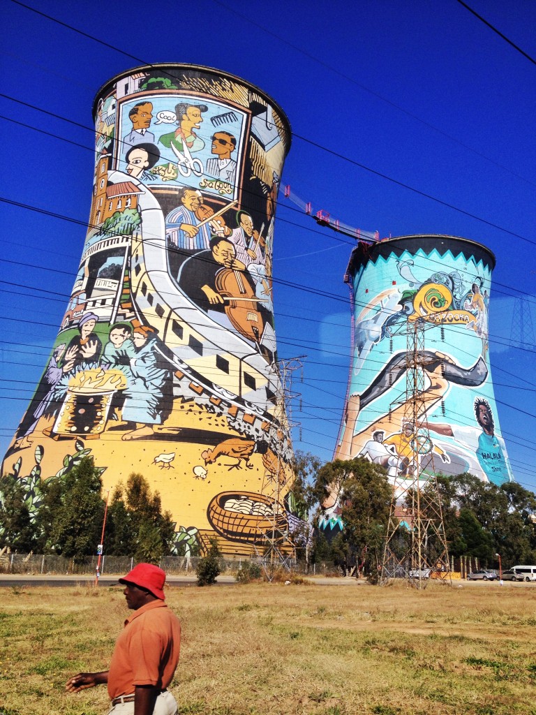 Orlando Towers- formerly a decommissioned coal fired power station in Soweto, South Africa,the twin water cooling towers are now home to the largest mural painting in South Africa  and also serves as a bungee +base jump platform.