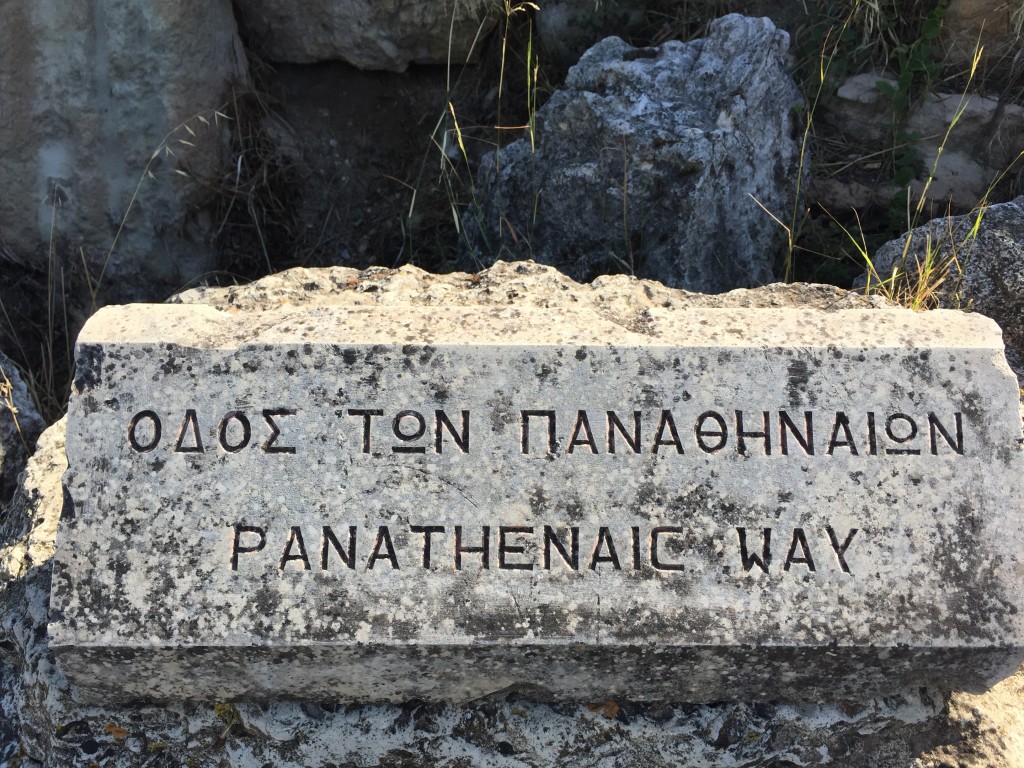 Cutting our way through the Ancient Agora: This is one of the world's earliest road signs for the Panathenaic Way. It was named after the procession which took place during the festival of the Panathenaia. This festival was celebrated once every year and the procession was led from the Dipylon gate to the Acropolis via the Agora.