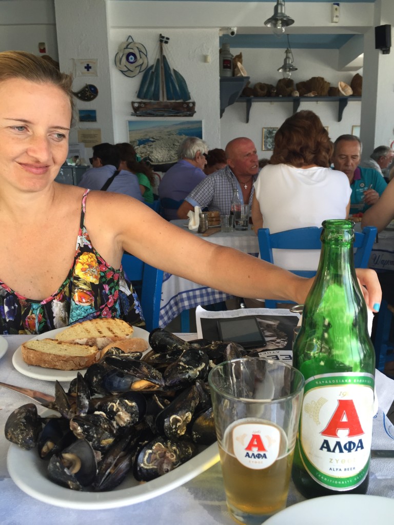 Afterward a great swim, we headed for a seafood lunch. There was restaurant after restaurant serving seafood here but we chose 'Ta Vrachia tis Piraikis' on the recommendation of Andreas. It was AMAZING. Fresh mussels and fried anchovies -excellent.
