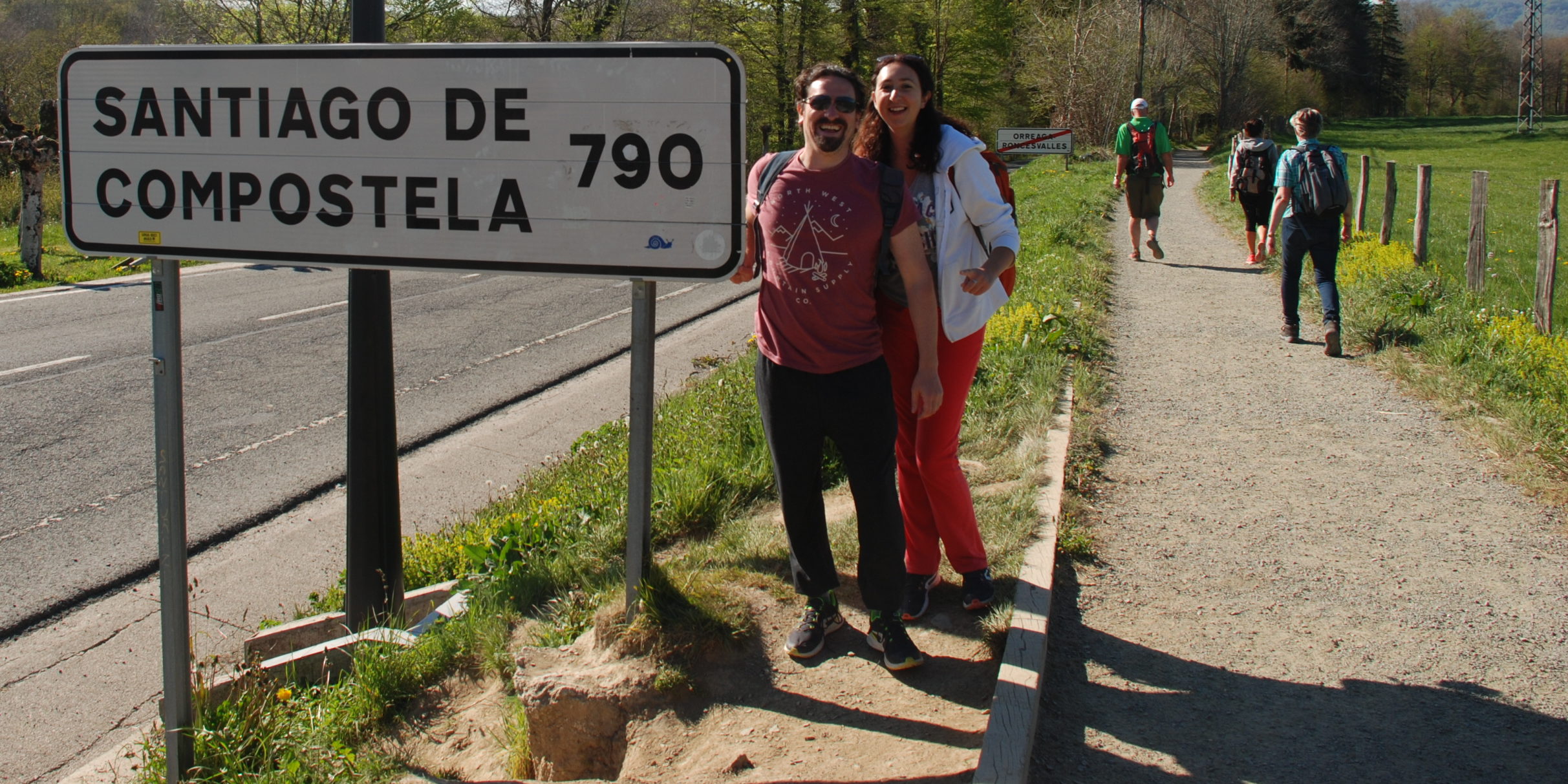 Road sign showing 790 kilometres till we arrive in Santiago de Compostela